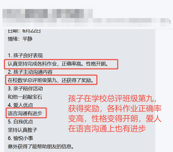 家长反馈截图：孩子在学校总评班级第九获得奖励，各科作业正确率变高，性格变得开朗，爱人在语言沟通上也