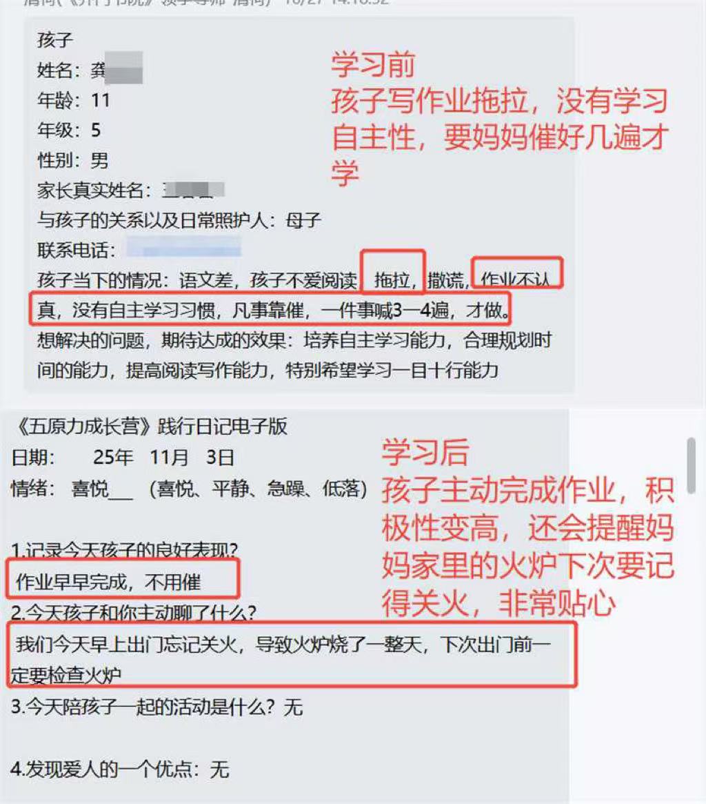家长反馈截图：学习前，孩子写作业要催好几遍才完成，没有自觉性，学习后，孩子主动完成作业，积极性变高